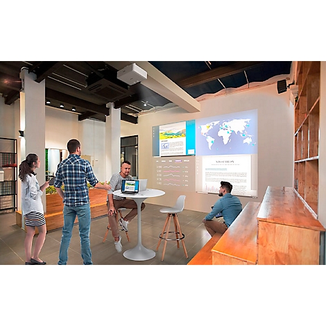 Presentation in modern office: Projection on wall, people watching presentation.