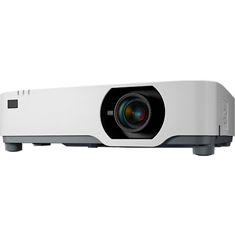 A white projector with black lens, standing on gray feet.