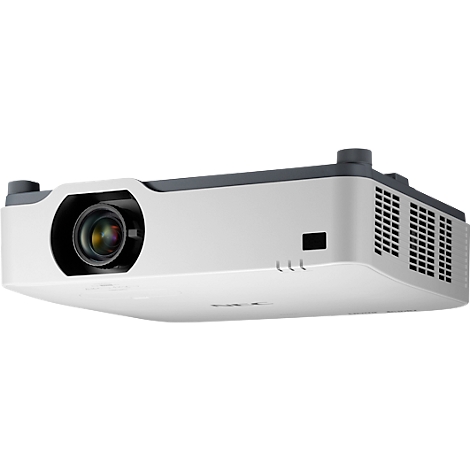 White projector with gray accents, side view. Lens with reflections. Ventilation slots.
