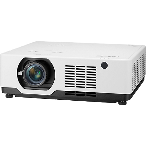 White projector with lens, fan, and controls. Black base and ventilation slots.