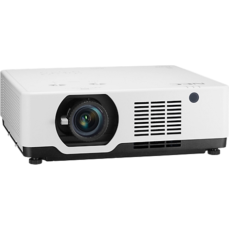 White projector with a black base and lens. Buttons are on top. A ventilation grid is visible on the right.