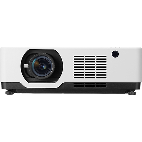 White projector with a black lens and ventilation slots.