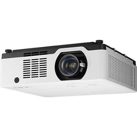 White projector with black top and lens, side vents.