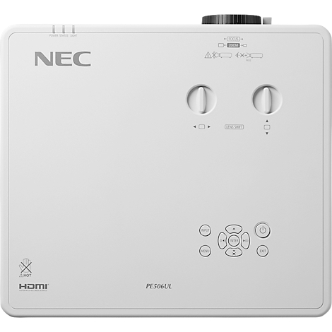 White NEC projector with various buttons and controls. Inscription: HDMI, PE506UL.