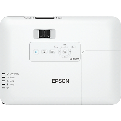 White Epson projector. Controls, power button, connections and model name EB-1780W.