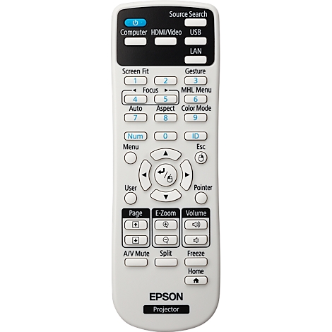 A white Epson remote control with many buttons and labels. At the top are 'Source Search' and 'Computer'.