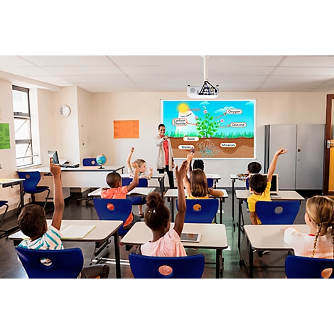 Classroom scene. Teacher explains photosynthesis, children raise hands. Board shows diagram with oxygen, water, and carbon dioxide.