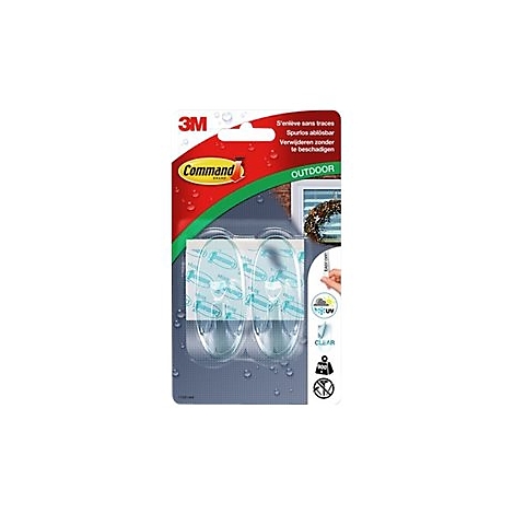 Emballage avec deux crochets Command transparents pour l'extérieur. Inscription: Enlèvement sans trace.