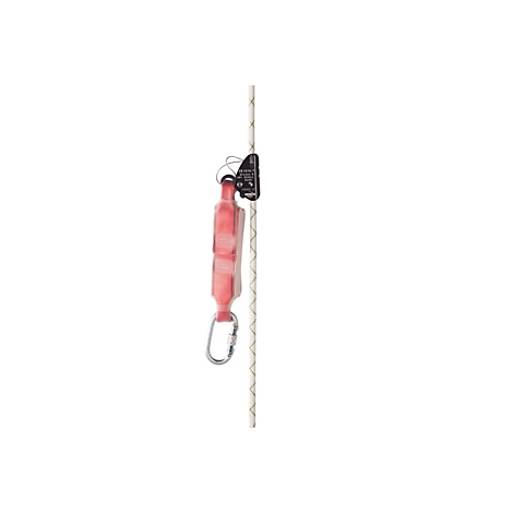 Ein schwarzer Seilgreifer mit rotem Falldämpferband und Karabiner, montiert an einem vertikalen Kletterseil.