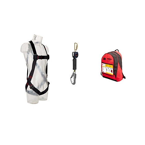 Auffanggurt, Höhensicherungsgerät und Rucksack von 3M vor weißem Hintergrund.