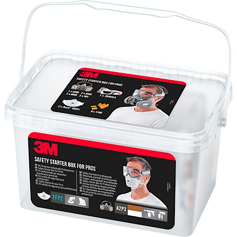 Weiße 3M-Box mit Sicherheitsmasken. Aufdruck: "SAFETY STARTER BOX FOR PROS". Darstellungen von Masken und Filtern.