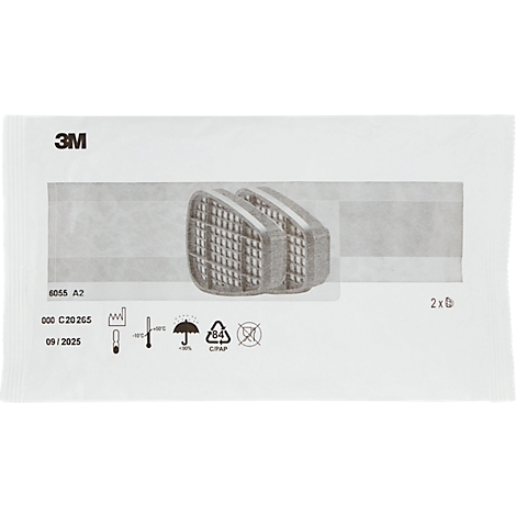 Produktverpackung mit zwei Atemfilter. Aufdruck: 3M, 6055 A2, 09/2025. Graue Filter in weißer Verpackung.