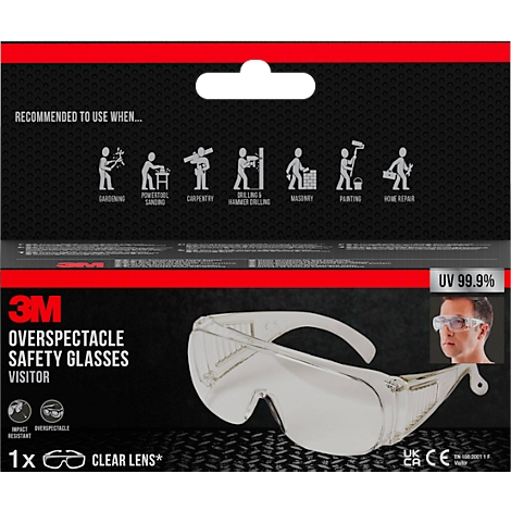 Transparante veiligheidsbril met zwart montuur. De verpakking toont "3M Overspectacle Safety Glasses Visitor" en voorbeelden van toepassingen.
