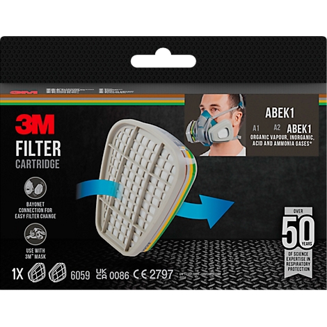 3M filterpatroon, met productinformatie en een man met een ademhalingsmasker. Tekst: ABEK1, organische dampen, anorganische zuren en ammoniak.