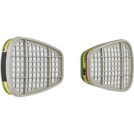 Twee filterpatronen, lichtgrijs met witte filters, liggen naast elkaar. Een heeft gele en groene accenten en het logo.