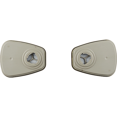 Twee beige filters voor een ademhalingsmasker. Ze hebben een ronde opening met filtervlies.