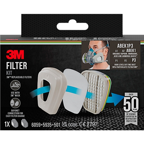 Productverpakking met 3M filterkit. Filters worden getoond, tekst met productinformatie en een persoon met een masker. Meer dan 50 jaar expertise.