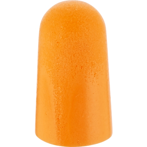 Nahaufnahme eines einzelnen, orangefarbenen Ohrstöpsels, leicht konisch zulaufend.