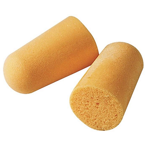 Zwei gelb-orangefarbene Ohrstöpsel aus Schaumstoff, Detailansicht.