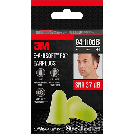 Packung mit gelben 3M E-A-Rsoft FX Ohrstöpseln, Text: SNR 37 dB, 94-110dB, E-A-Rsoft FX Ohrstöpsel.