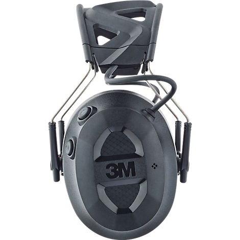Dunkelgrauer Gehörschutz, 3M-Logo. Oberhalb ein Kopfband, seitlich Metallbügel.