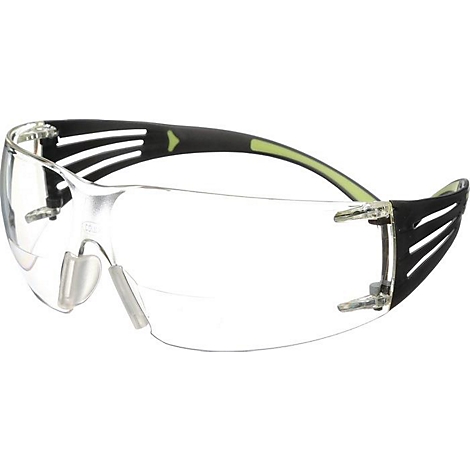 Lunettes de sécurité transparentes avec monture noire et accents verts, prise de vue détaillée.