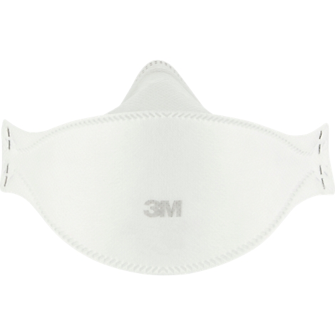Masque respiratoire 3M blanc, avec logo 3M gris, bord cousu et zone du nez.
