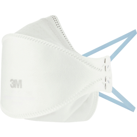 Masque respiratoire 3M blanc avec bande élastique bleue. Le logo 3M est visible sur le devant.