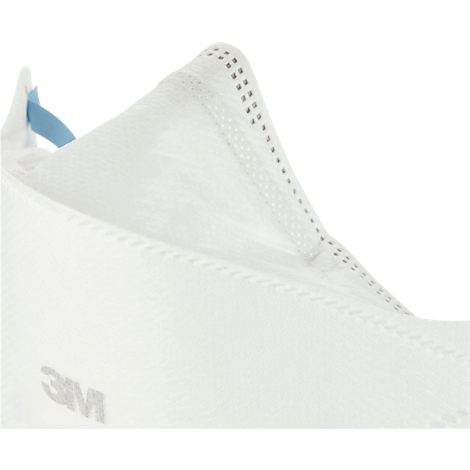 Gros plan sur un masque respiratoire blanc. Le logo 3M est visible.