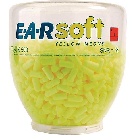 Transparante container gevuld met gele oordopjes. Tekst luidt E-A-Rsoft, Yellow Neons. SNR 36.
