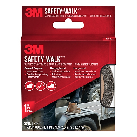 Produktverpackung der 3M Safety-Walk rutschfesten Klebebänder, mit Informationen und einer Darstellung der Anwendung.