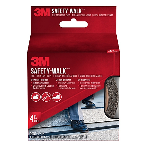 Emballage du ruban antidérapant 3M Safety-Walk avec un homme debout sur un escalier.