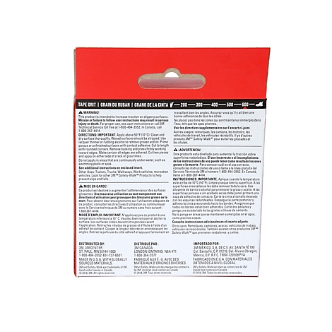 Rückseite einer roten Verpackung mit Produktinformationen und Text in Englisch, Französisch und Spanisch.