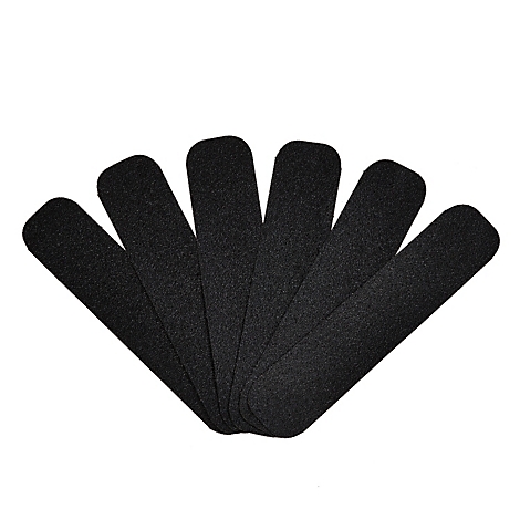 Sechs schwarze, längliche Schleifpads fächerartig angeordnet vor weißem Hintergrund.