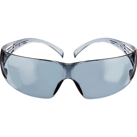 Klare Schutzbrille mit grau getönten Gläsern. Bügel und Rahmen sind transparent.