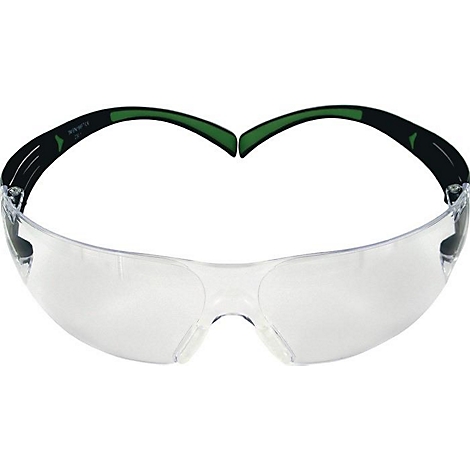 Transparente Schutzbrille mit schwarzen Bügeln und grünen Akzenten.