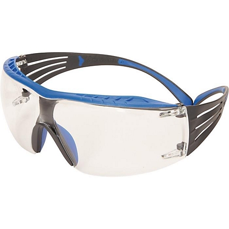 Sicherheitsbrille mit blauem und schwarzem Rahmen und klarer Linse.