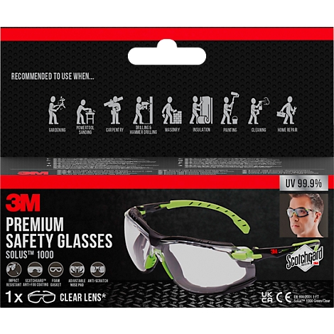 Schutzbrille mit grün-schwarzem Rahmen, schwarzem Hintergrund und Piktogrammen für verschiedene Anwendungen. Text: "Premium Safety Glasses Solus 1000".