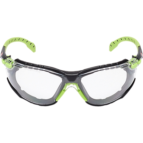 Schutzbrille mit transparenten Gläsern, schwarzen und grünen Akzenten.