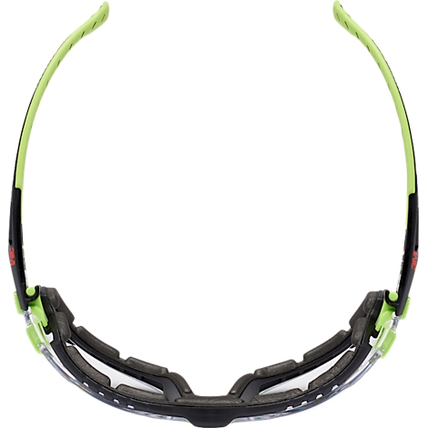 Sportbrille mit grünen Bügeln, schwarzem Rahmen und weißem Innenfutter. Draufsicht.