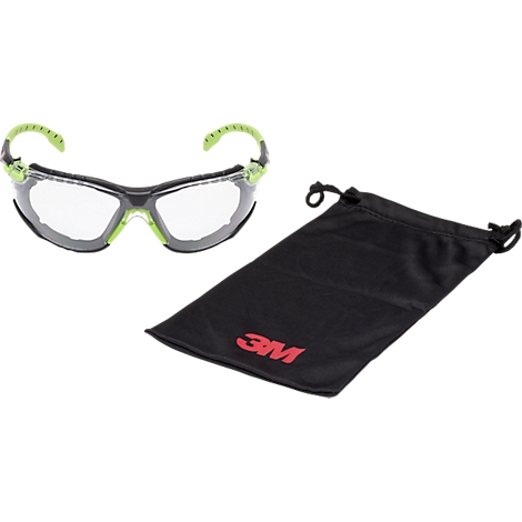 Schutzbrille mit grün-schwarzem Gestell und Etui mit 3M-Logo.