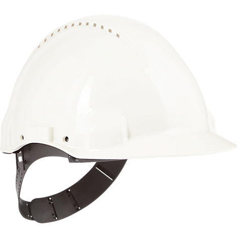 Weißer Schutzhelm mit Kinnriemen. Oben befinden sich Belüftungslöcher.