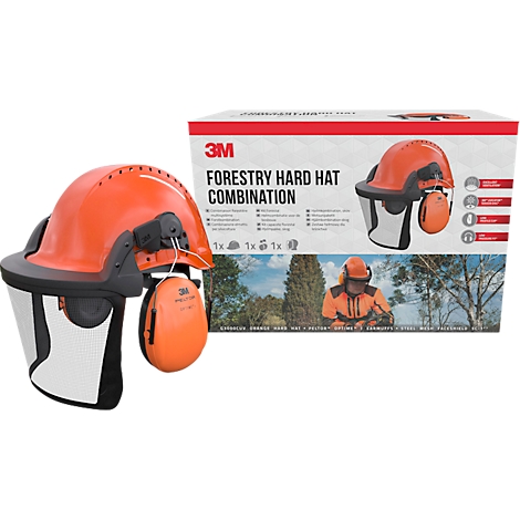 Oranger Forstschutzhelm mit Gehörschutz und Visier, daneben die Produktverpackung mit Abbildung.