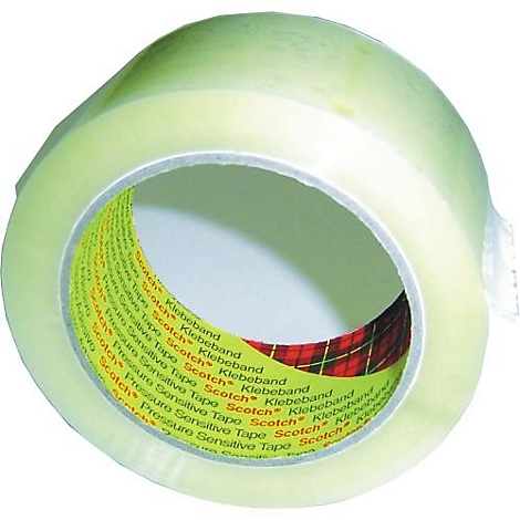 Gros plan d'un rouleau de ruban adhésif transparent. Le logo Scotch est visible sur le noyau.