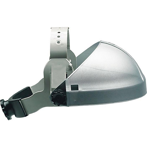 Support de tête gris pour un casque de sécurité au travail, avec molettes de réglage et une visière.