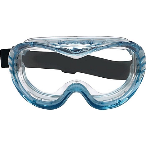 Veiligheidsbril met blauwe accenten, een zwarte elastische band en transparante glazen, ontworpen om de ogen te beschermen.