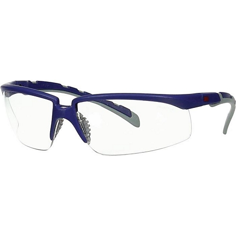 Blauwe veiligheidsbril met transparante glazen. De poten zijn blauw, de glazen zijn helder en er zijn kleine grijze accenten te zien.