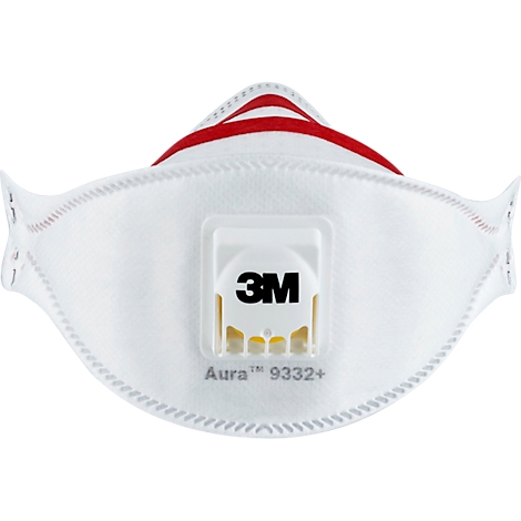 Witte 3M Aura 9332+ ademhalingsmasker. Het 3M-logo is zichtbaar op het masker, evenals de tekst Aura 9332+.
