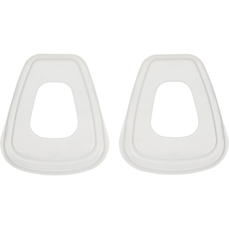 Twee witte filters voor een ademhalingsmasker. Ze zijn licht transparant en hebben een langwerpige, ovale vorm met een gat in het midden.