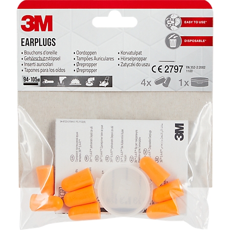 Oranje oordopjes en accessoires in een transparante plastic verpakking met rode en witte productlabels. Opschrift: 3M Earplugs.